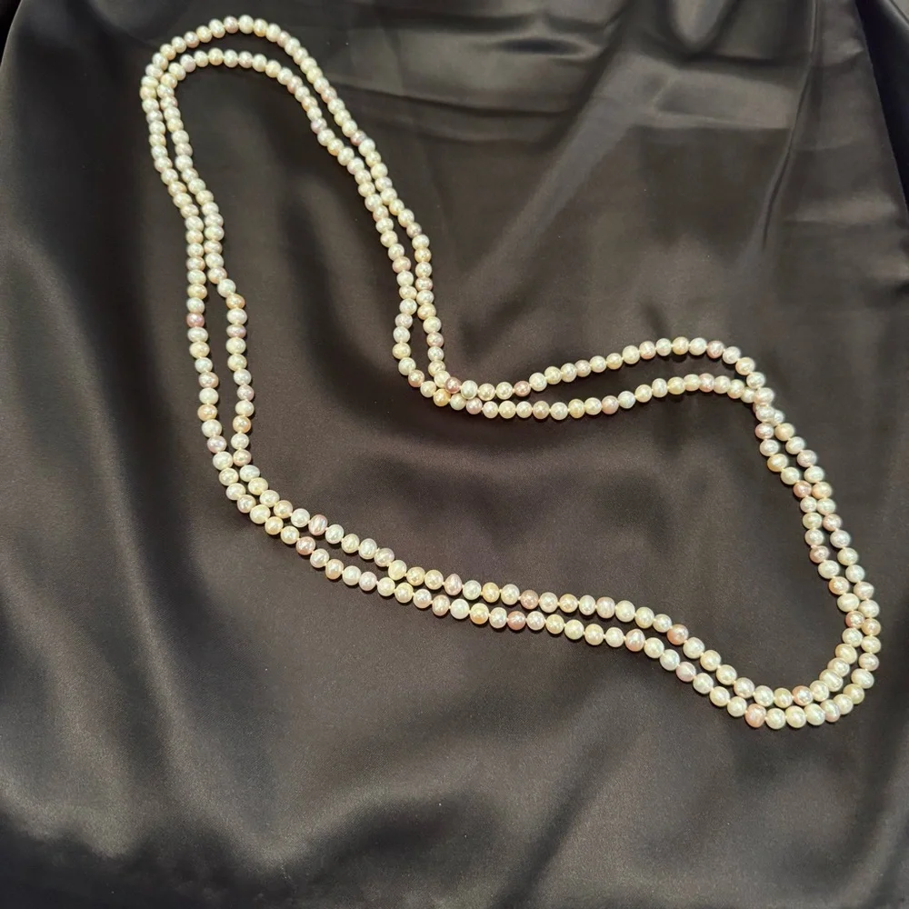 Authentic Pearl Necklace 70” multicolored Single Strand Pink Cream Tan Elegant - Picture 7 of 13